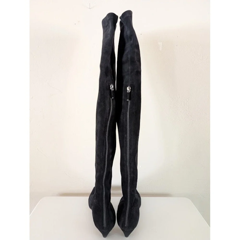 Christian Dior Black Suede Over The Knee Boots Kitten Heel Made In Italy Size 40